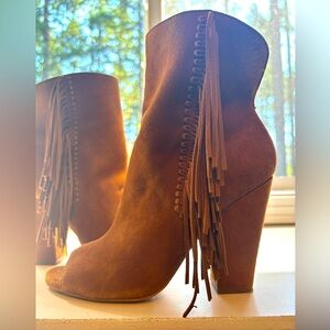 Brown Fringe and Suede Shoes with Peep Toe Size 8